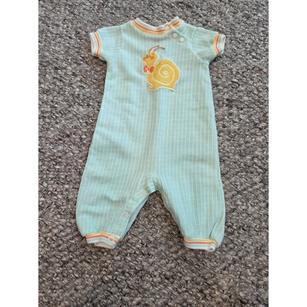 Vintage 80s Carter's Outfit Romper Sleeper Green Yellow Snail Applique Infant 3m
